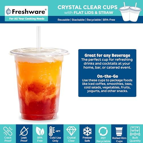 Image of Freshware 12 oz Clear Disposable Plastic Cups with Flat Lids and Straws, 100 Pack Clear Plastic Cups Tumblers, Heavy-duty Party Glasses, Disposable Cups for Thanksgiving, Halloween, Christmas Party