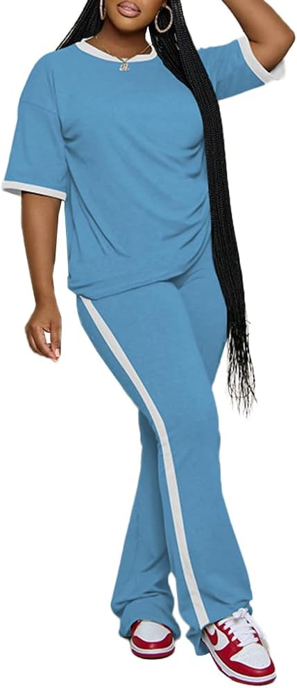 PINSV 2 Piece Sets for Women Summer Casual Short Sleeve Top and Flare Pants Lounge Sets