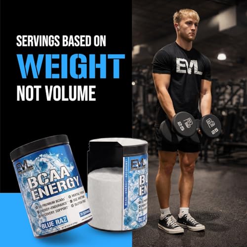 Image of EVL BCAAs Amino Acids Powder - BCAA Energy Pre Workout Powder for Muscle Recovery Lean Growth and Endurance - Rehydrating Post Workout Recovery Drink with Natural Caffeine - Blue Raz