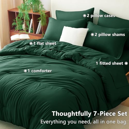 CozyLux Full Comforter Set Emerald Green, 7 Pieces Bed in a Bag Bedding Comforter Set with Sheets, All Season Boho 7PC Bed Sets with Comforter, Fitted Sheets, Flat Sheets, Pillow Shams and Pillowcases