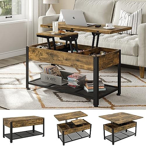 Furniouse Coffee Table Lift Top, 3 in 1 Multi-Function Coffee Table with Hidden Compartment, Coffee Table Converts to Dining Table for Living Room, Home Office, Rustic Brown Furniouse Coffee Table Lift Top, 3 in 1 Multi-Function Coffee Table with Hidden Compartment, Coffee Table Converts to Dining Table for Living Room, Home Office, Rustic Brown