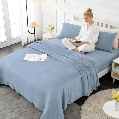 Image of Viviland Plush Microfleece Queen Bed Sheet Set, Dusty Blue | Soft Flannel-like Fleece, 100% Polyester, Fluffy Velvety Feel, 200GSM, 15 inch Deep Pocket, Warm Winter Gift & Decor