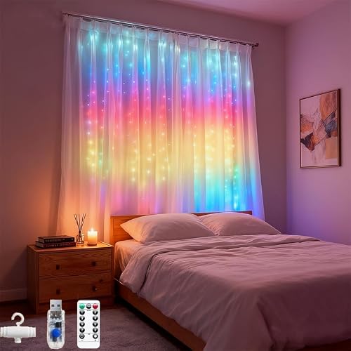 300LED Fairy Curtain Lights, 9.8x9.8Ft Warm White USB Plug in 8 Modes & Timer Christmas String Hanging Lights with Remote for Bedroom Indoor Outdoor Weddings Party Wall Decorations(rainbow) — view 2