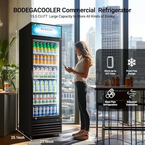 Image of BODEGACOOLER 15.5 Cu.Ft Commercial Refrigerator,Upright Display Cooler | 420 Cans Capacity, 5 Adjustable Shelves, Low-E Glass Door with Lock & LED, 34-50F, 4 Casters for Bar, Cafe & Office, Black