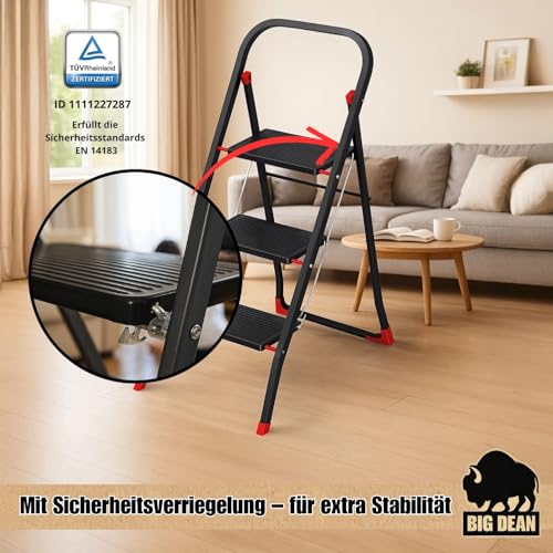 BigDean Trittleiter 3 Stufen klappbar Schwarz/Rot TÜV geprüfte Sicherheit Leiter bis 150 kg belastbar Tritt klappbar Haushaltsleiter Leiter 3 Stufen