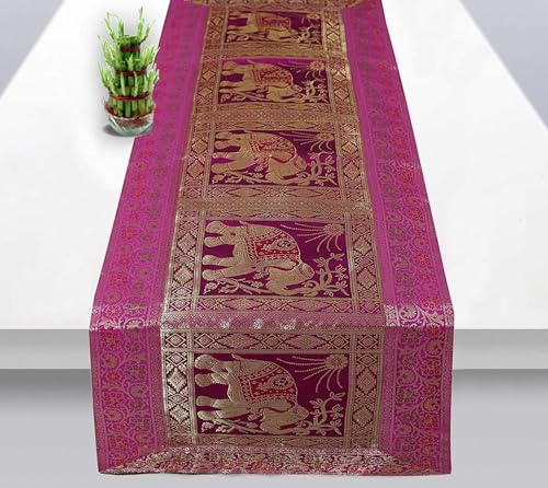 Image of Indian Traditional Decorative Silk Table Runner Kitchen Dining Good Luck Table Cloth for Wedding Bridal Birthday Party Decorations - 60x16 Inches (Pink)