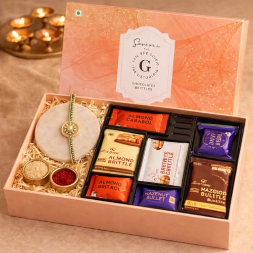 Image of THE GIFT STUDIO.COM |Floral Elegance Rakhi Gift Set for Brother | Mother of Pearl Flower Rakhi & Premium Chocolate Box | Rakhi Gift Hamper