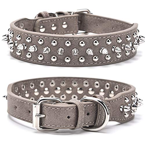 Adjustable Studded Dog Collar, Microfiber Leather Spiked Puppy Collars, Anti-Bite Pet Collar for Small, Medium and Large Dogs Cat, Grey XS