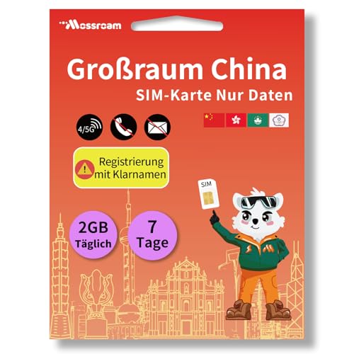SIM-Karte für Großchina – Prepaid-Datentarife für China, Hongkong, Macau, Taiwan | 2 GB Datenvolumen täglich, 7 Tag gültig | Highspeed 4/5G LTE | Ideal für Reisende