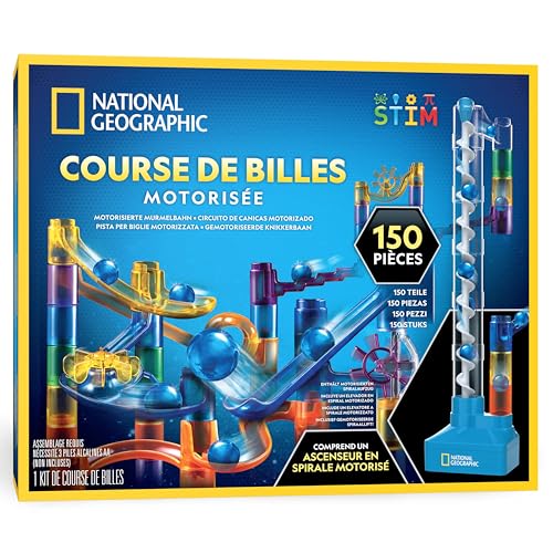 Circuit à Billes NATIONAL GEOGRAPHIC avec Ascenseur Motorisé – Kit de 150 Pièces avec Spirale Électrique, 30 Billes, Sac de Rangement et Plus, Machine à...