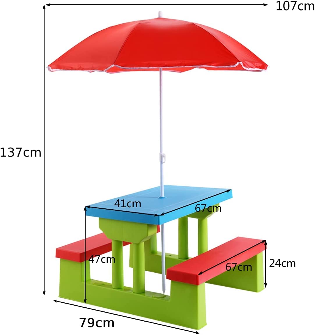 Ensemble de table de pique-nique pour enfants, banc de jardin et table avec parasol amovible, table de jeu pour enfants pour garçons et filles, jaune + bleu + rouge