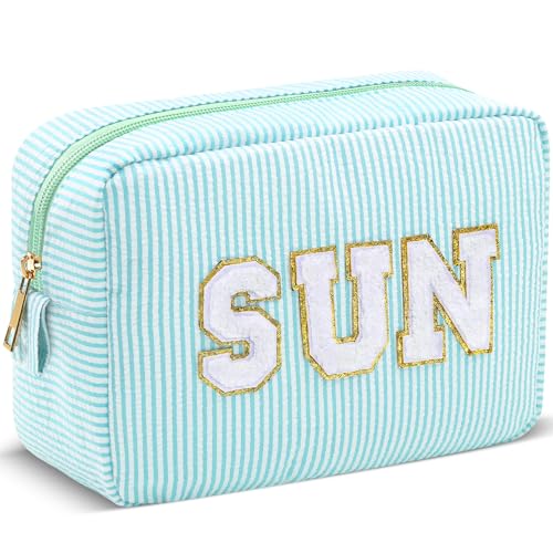 Sanwuta Seersucker Cosmetic Bags Sun Bag Sunscreen Pouch for Beach Chenille Letter Makeup Bags Stripe Preppy Toiletry Pouch Organizer for Women Mom Travel Gifts