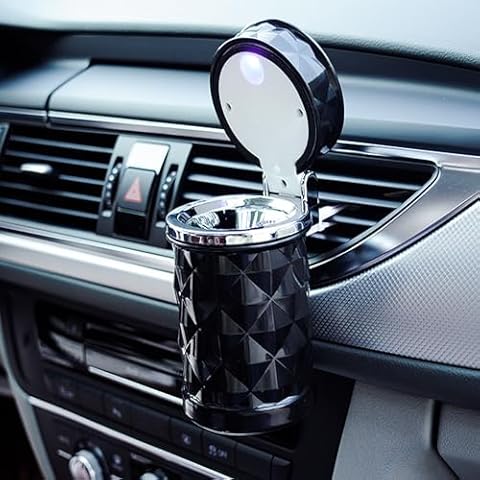 FCOZM Car Ashtray with Lid Smell Proof,Portable Auto Ashtrays for Cup Holder,Lid Car Cylinder with LED Blue Light (Black) Cover