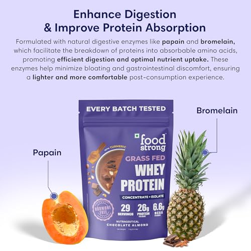 Image of Foodstrong Whey Protein Powder (Concentrate + Isolate), 100% Hormone Free Grass-Fed Whey, 26G Protein & 6.6G BCAA, Chocolate Almond, With Turmeric & Digestive Enzymes, 1KG