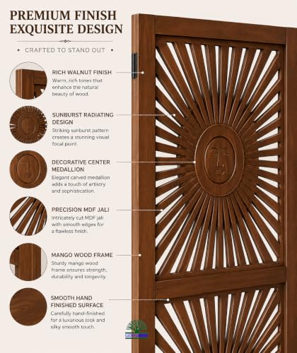 Image of Wooden Room Divider Partition for Living Room | Foldable 4 Panel Decorative Privacy Screen Separator for Home, Office & Bedroom | Modern (Sun Brown)