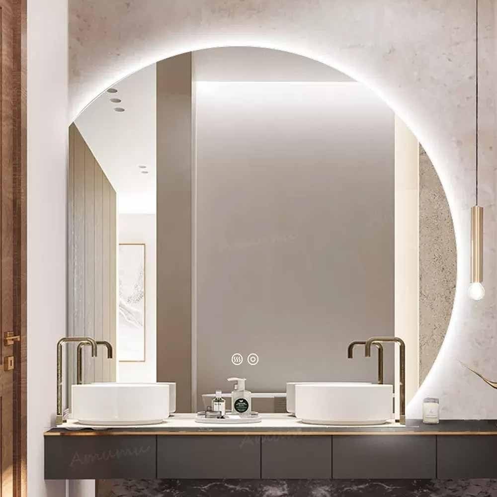 40inch Large Bathroom Mirror Half Moon Backlit Wall Mirror Frameless Anti-Fog Vanity Mirror 3 Colors Light Smart Full Length Mirror Modern Semicircle Dressing Mirror(Left Under cut,100cm/40i