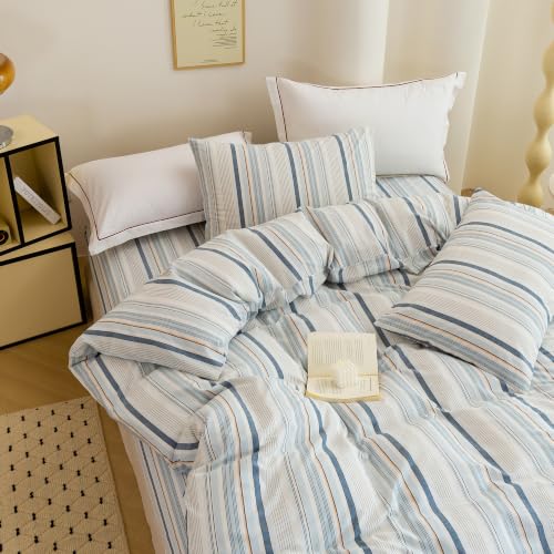 Image of Blue Striped Duvet Cover Bedding Set 100% Washed Cotton Linen Like King
