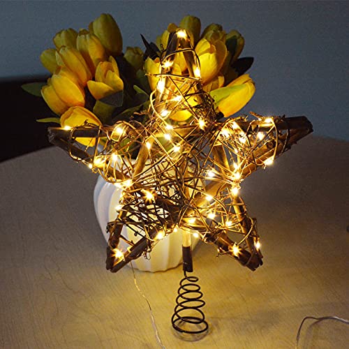 Star Christmas Tree Topper, Rattan Natural Christmas Tree Topper Lighted With 23Ft 30Led Warm White Battery Powered Copper Lights, Rustic Farmhouse Xmas Tree Topper Star Christmas Decorations #TOP3