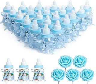 N&T NIETING Baby Shower Feeding Bottle, 24Pcs Baby Shower Favours with 5Pcs Artificial Roses Blue Candy Box for Baby Shower Party Decoration