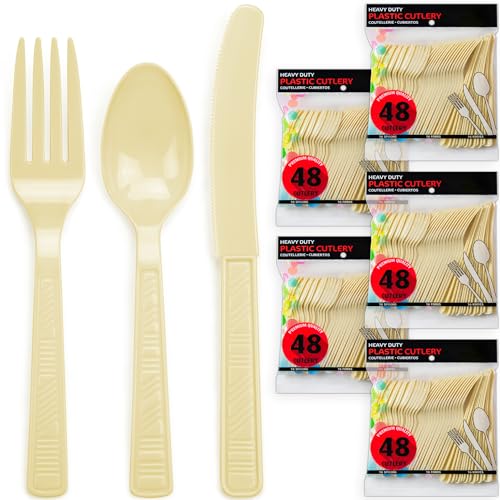 DecorRack 240 Piece Plastic Cutlery Set -BPA Free- Plastic Silverware Combo Utensils for Birthdays, Indoor, Outdoor Events, Parties, Cream (Set of 240)