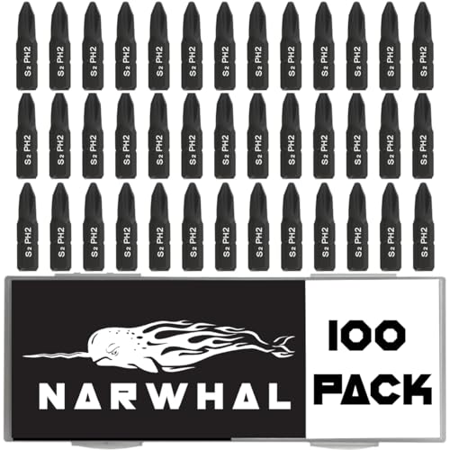 Narwhal Phillips #2 Screwdriver Impact Bits - 1 Inch (Bulk 100 Pack - Industrial Grade) Impact Rated CR-M Alloy Steel PH2 Magnetic Head Bits with Case.