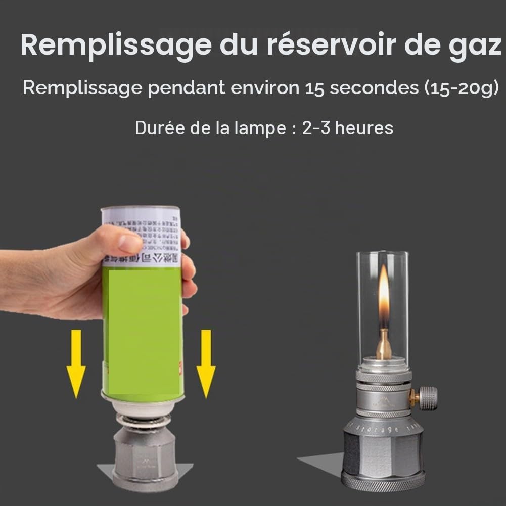 Lampe de camping portable à gaz avec réservoir vide, lampe à gaz propane rechargeable EN417 de type Lindal (lanterne à gaz avec réservoir)