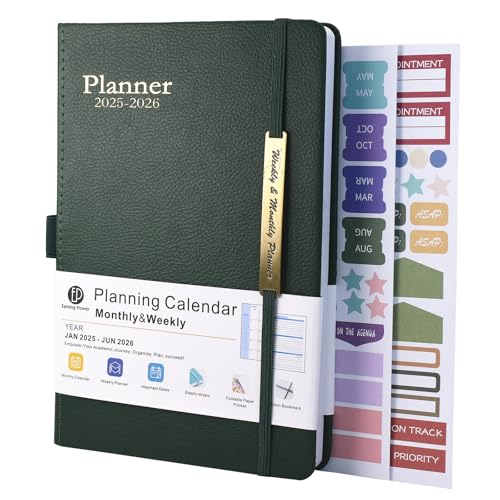 Diary 2025-2026 - 18 Month Diary from Jan. 2025 to Mid Year Jun.2026, A5 Week to View Diary, Weekly & Month Planner with Leather Cover, Pen Loop, Inner Pocket (Green)