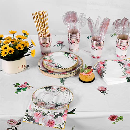 Durony 194 Pieces Wedding Party Supplies Bridal Shower Paper Plates And Napkins Sets Floral Party Supplies Decorations For Spring Wedding Bridal Birthday, Serve 24 Guests #TOP4
