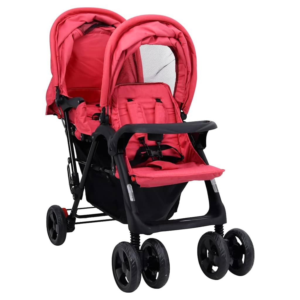 vidaXL Geschwisterwagen Klappbares Design Zwillingswagen Kinderwagen Baby Kinder Buggy Zwillingsbuggy Kinderbuggy Reisebuggy Rot Stahl