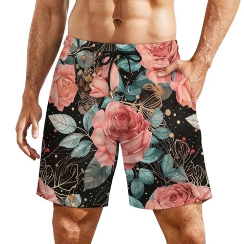Red Rose Flower Bud Beach Shorts for Men Swim Trunks Quick Dry Swim Shorts with Compression Liner Pocket