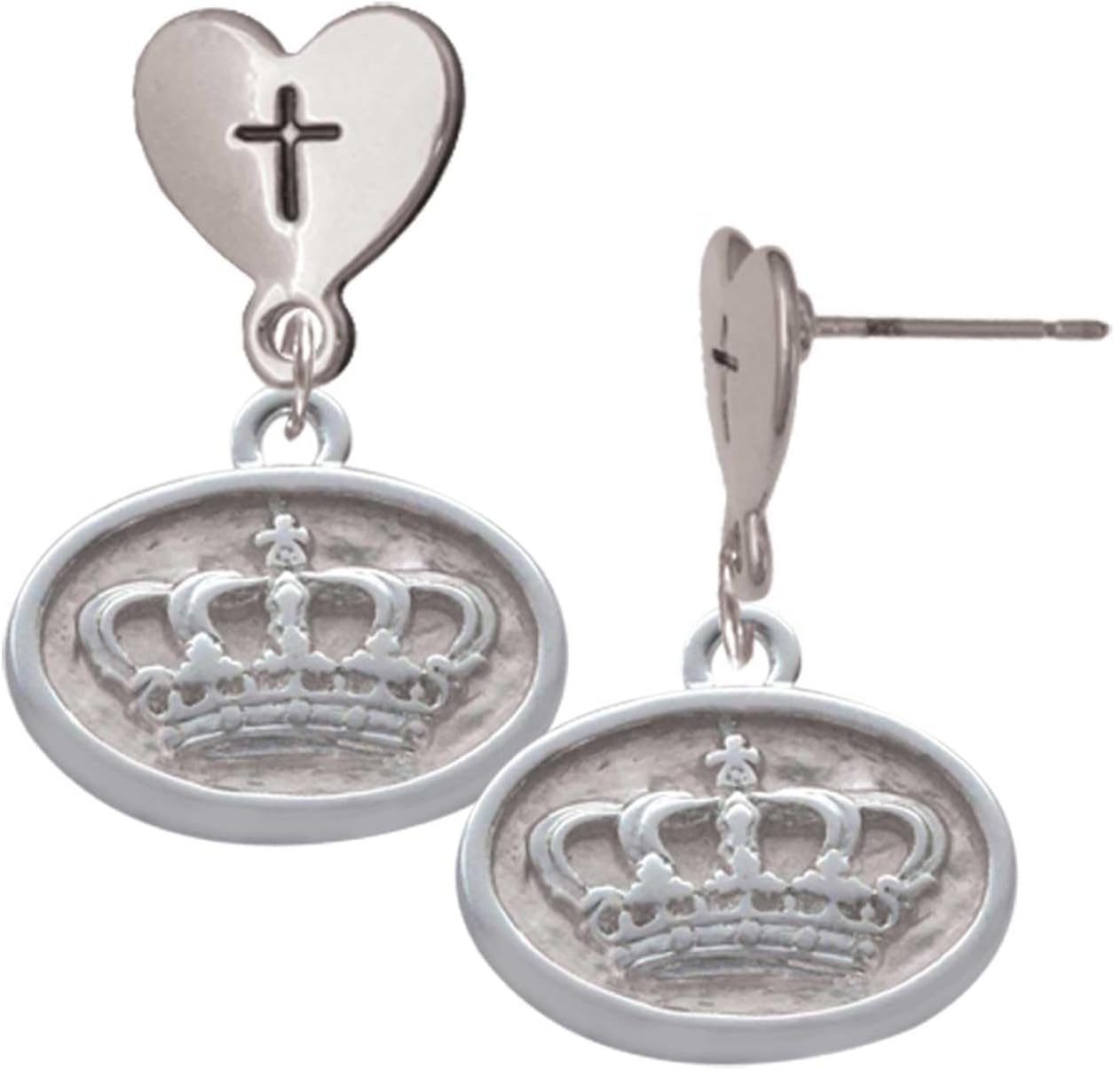 Delight Jewelry Silvertone Crown - Oval Seal Cross in Heart Post Dangle Earrings