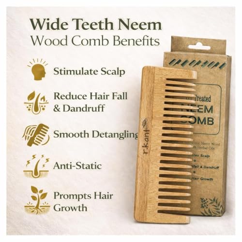 Image of R.Kant Neem Wooden Comb Combo Pack of 2 | Wide Teeth Detangler + Shampoo Comb | Natural Neem Wood | Polished Finish | Scalp Friendly | Men & Women