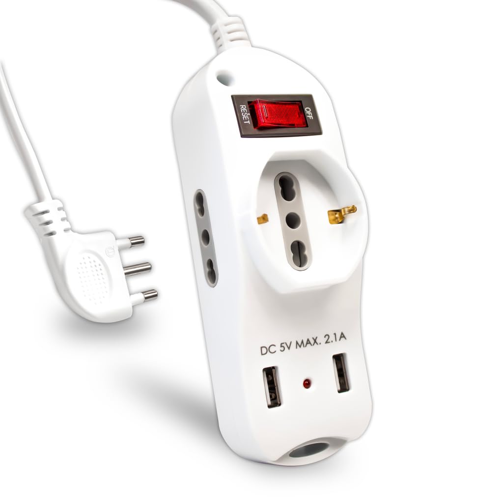 V-Tac Multipresa Ciabatta 3 Posti Bipasso/schuko Presa Tedesca E Prese/bipasso Standard Italiano + 2 Prese Usb Con Protezione - Sku 8745