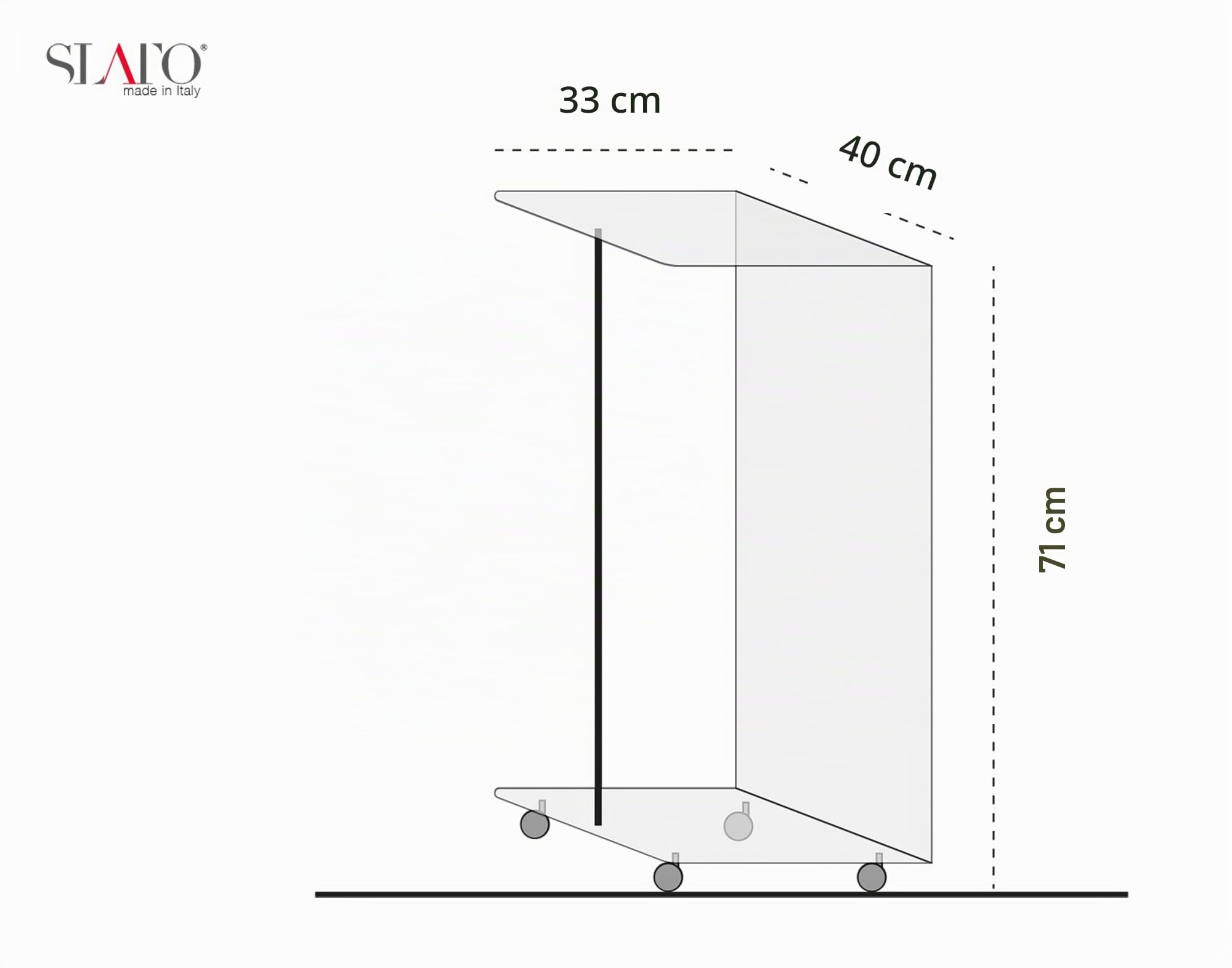 Slato Circe - tavolino lato divano con ruote, soggiorno, porta bottiglie, porta oggetti, in cristallo acrilico Made in Italy