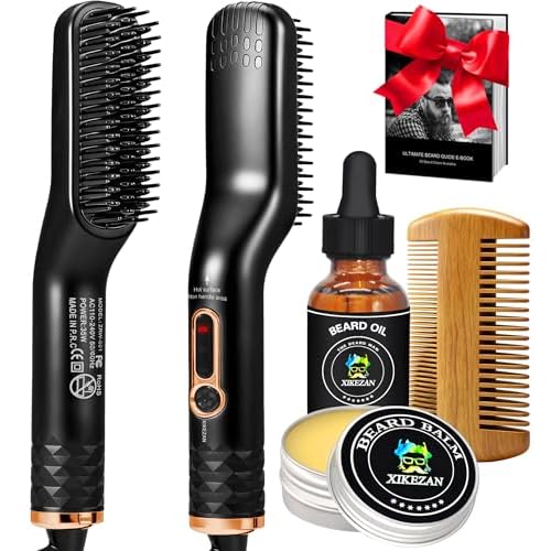 Beard Straightener for Men w/Beard Oil, Balm, Comb & E-Book for All Beard Type,w/Dual Voltage Travel-Friendly,Auto Shut-Off,Anti-Scald Feature Heated