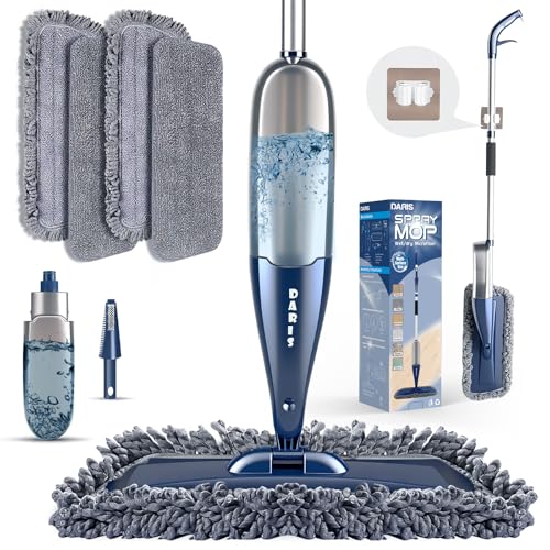 DARIS Balai à Vaporisateur pour Sol 800 ML avec 4 Lingettes Réutilisables - Nettoyage Maison Cuisine/Salon/Chambre/Salle de Bains - Raclette et Porte-Balai Inclus - Bleu