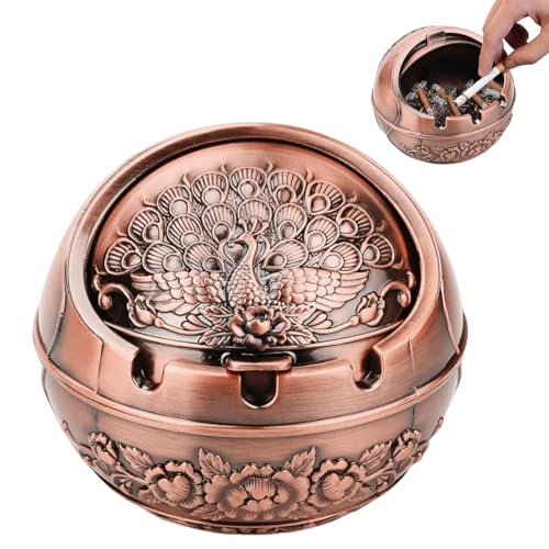 Image of HASTHIP Peacock Ashtray Retro Zinc Alloy Ashtray with Closing Lid Decorative Embossing Peacock Ashtry with 3 Cigarette Holder Grooves Home Gift Car Ashtry, 10x10x9cm