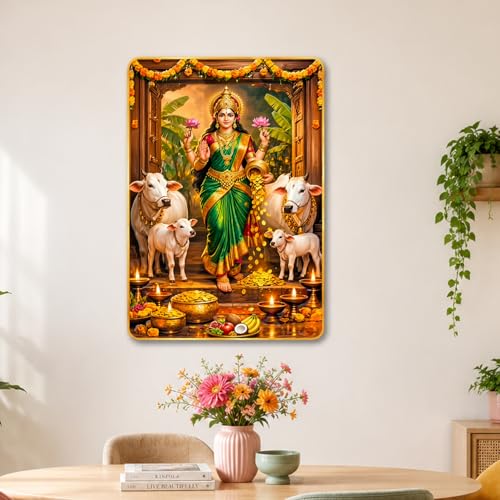 Image of The Hanging Story Goddess Lakshmi Wooden Wall Painting for Living Room | Vastu Wall Decor Painting for Home, Office, Bedroom | Divine Hindu God Photo Frame Wall Decoration (12x18 inch)