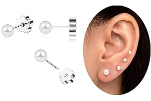 Stainless Steel Pearl Stud Earrings for Women Girls with Flat Back
