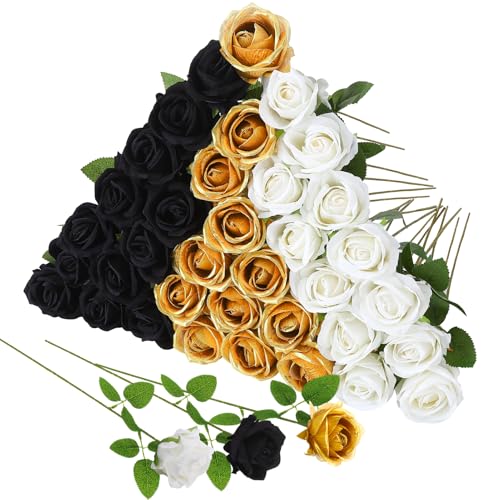 Hoemwarm 36 Pcs Velvet Texture Black, Gold, White Artificial Flowers Bridal Bouquet by Hoemwarm - Image 9
