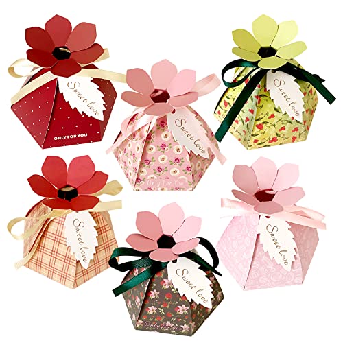 CHolic 48Pcs Party Favor Candy Box, Petal Shaped Gift Candy Box with Tags and Ribbons for Flower Themed Party, Bridal Shower, Wedding Decorations, Candy Table Decorations