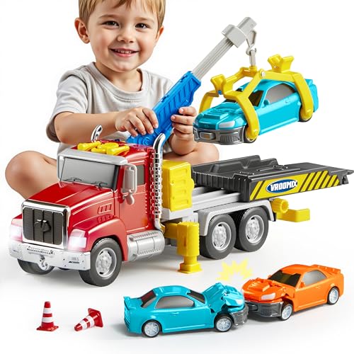 kids tow truck toys for 3 4 5 6 7 years old boys toddler car toys large truck with 2 transformation cars and multi-functional trailer crane with lights and sounds christmas birthday gifts