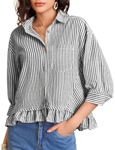 COZYPOIN Womens Striped Button Down Cotton Shirts Cropped Ruffle Hem