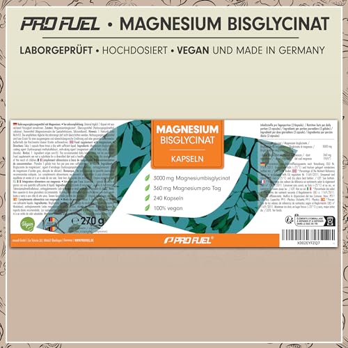 Magnesium Bisglycinat Kapseln 240x - 3000 mg Magnesium-Bisglycinat, davon 360 mg elementares Magnesium pro Tag - laborgeprüft mit Zertifikat - 100% vegan - Vorrat für 80 Tage