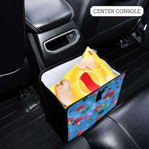 Image of Car Trash Can Organizer Bin with Adjustable Strap for Back Front Seat Console Waterproof Leakproof Collapsible Portable 11 Inch Bright Blue Mushrooms Leaves and Ladybugs