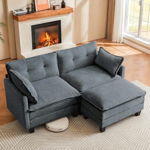 Image of Amsleekey 76.5 inch L-Shaped Modular Sectional Sofa, Beige Corduroy