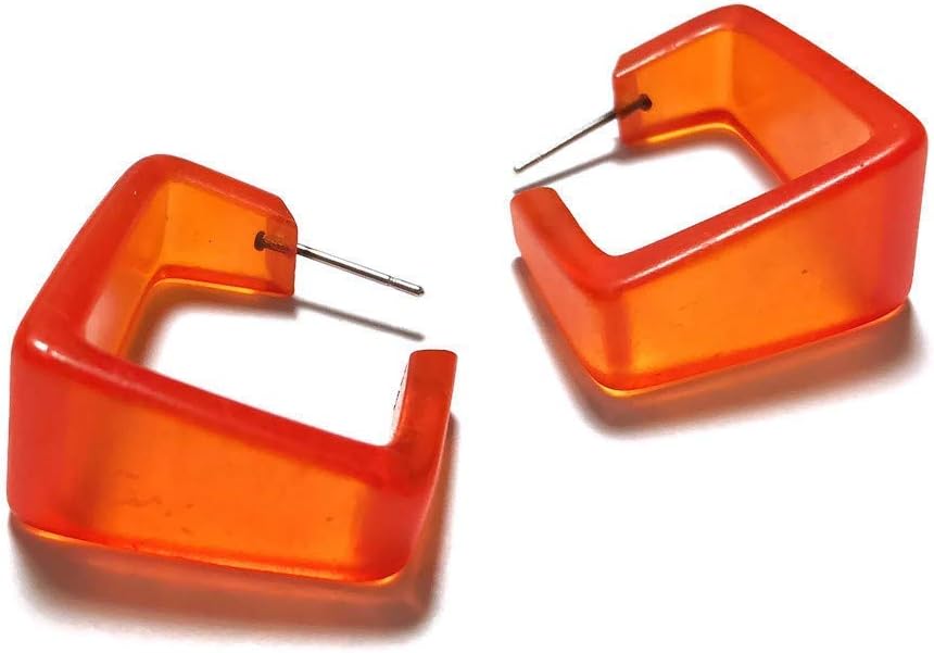 Orange Square Wide Cubist Lucite Hoop Earrings - WDUB-OR-2