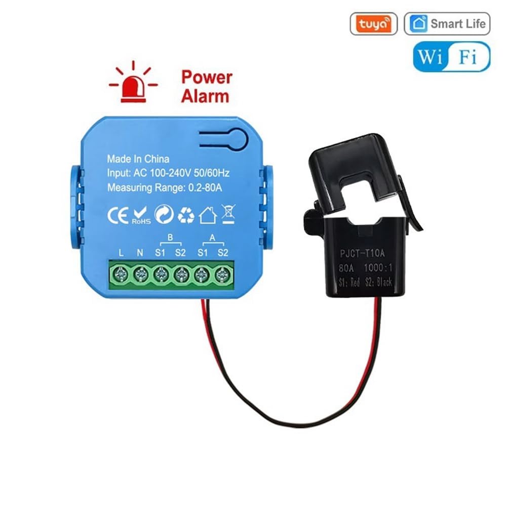 Medidor de Energía Inteligente Tuya WIFI Bidireccional con Pinza de Transformador, Monitor de Potencia de 80 A, Compatible con Alarma, 1 Canal, 1 CT