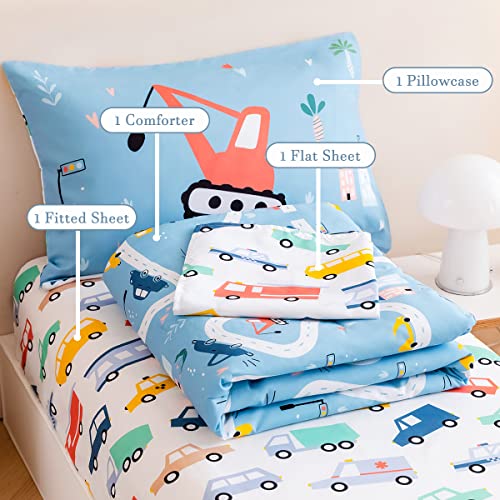 Perfemet 4-Piece Toddler Bedding Set Driving Cars On Road Printed Bed In A Bag Comforter Set Reversible Lightweight Blue Cars Toddler Bed Set With Sheets(Blue, Cars) #TOP6