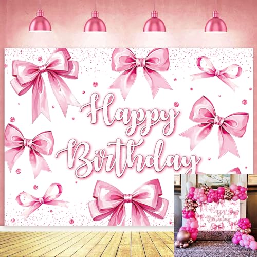 Pink Bow Birthday Backdrop Banner Coquette Happy Birthday Photo Background